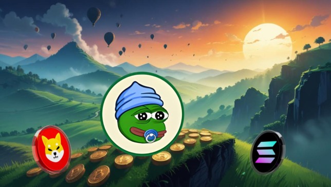 Ilustração de moedas de criptomoedas mostrando os símbolos do Shiba Inu, Little Pepe e Solana em um campo montanhoso ao pôr do sol, representando a competição entre tokens meme e Solana.