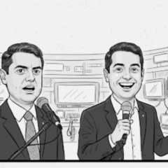 Desenho de Tarcísio de Freitas e Ratinho Júnior, políticos brasileiros, em um estúdio de TV.