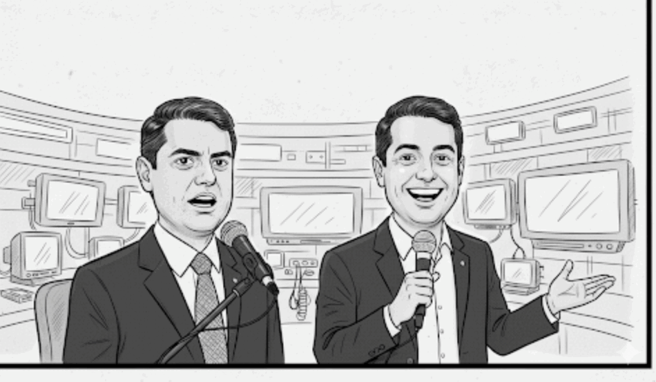 Desenho de Tarcísio de Freitas e Ratinho Júnior, políticos brasileiros, em um estúdio de TV.