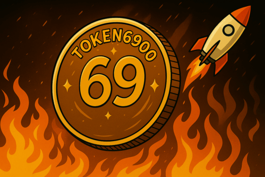 Ilustração de uma moeda dourada TOKEN6900 com o número 69 em chamas, acompanhada de um foguete decolando, simbolizando valorização explosiva da memecoin.