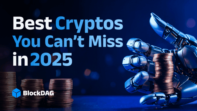 Mão robótica segurando moedas ao lado do texto “Best Cryptos You Can’t Miss in 2025”, destacando o projeto BlockDAG.