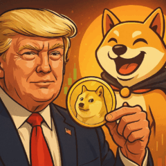 Ilustração de um cão musculoso (MaxiDoge) e um cão da raça Shiba Inu (Dogecoin), representando a nova era das criptomoedas em contraste com a aposta de Donald Trump.