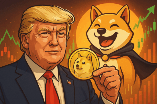 Ilustração de um cão musculoso (MaxiDoge) e um cão da raça Shiba Inu (Dogecoin), representando a nova era das criptomoedas em contraste com a aposta de Donald Trump.
