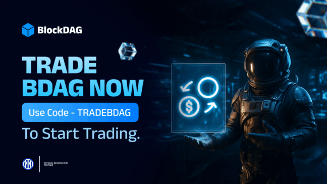 Ilustração futurista de astronauta segurando holograma com ícones de troca e dólar, ao lado do texto "Trade BDAG Now" e código promocional TRADEBDAG, com logotipo da BlockDAG e indicação de parceiro oficial de blockchain.