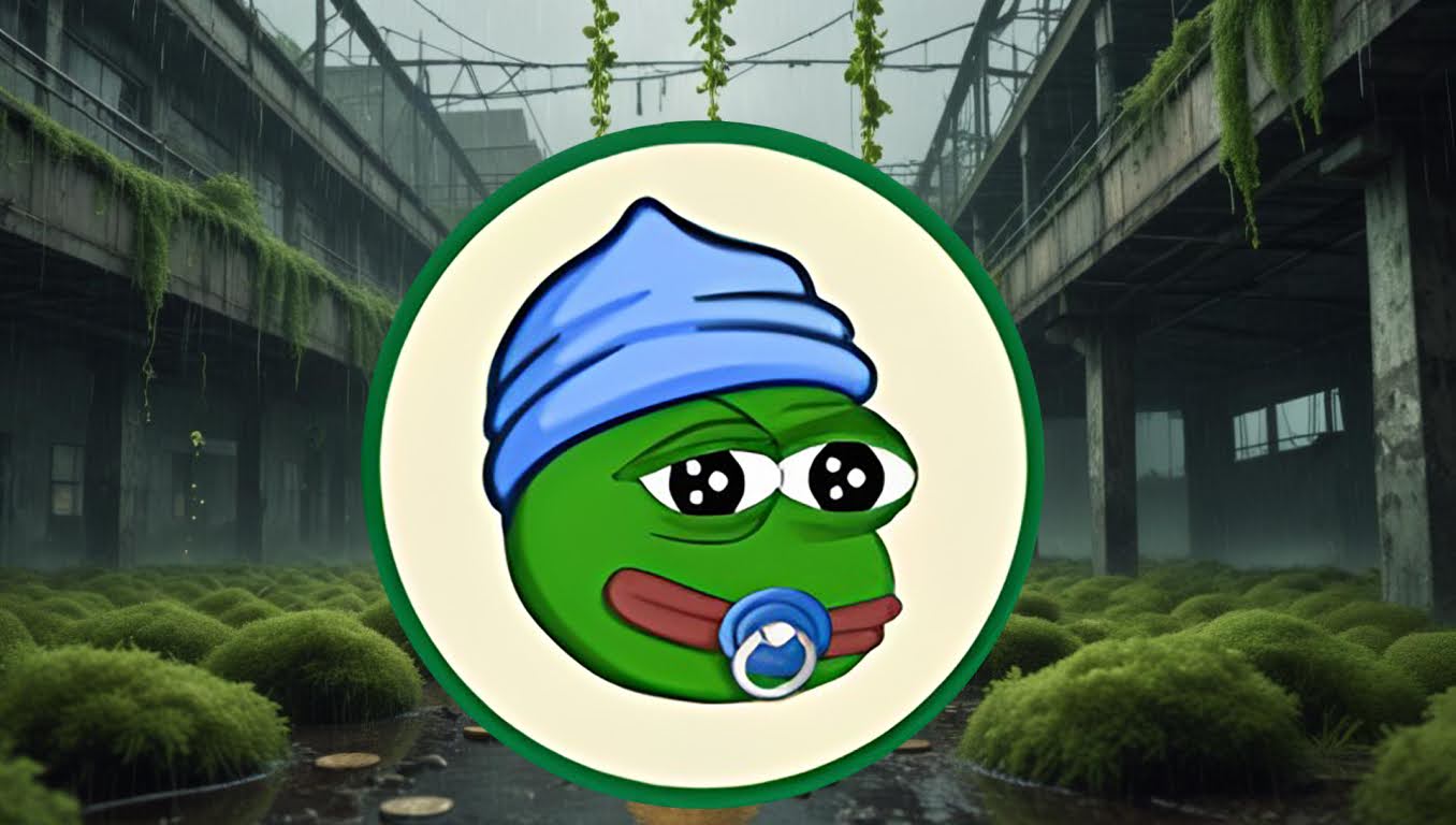 Ilustração do mascote Little Pepe com touca azul e chupeta, sobre fundo de galpão abandonado coberto por musgo, usada como capa para artigo sobre criptomoedas abaixo de US$2 que podem dobrar ou triplicar de valor no quarto trimestre de 2025