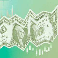 Dólar dobrado sobre gráfico de bolsa, representando volatilidade e ETFs nos EUA.