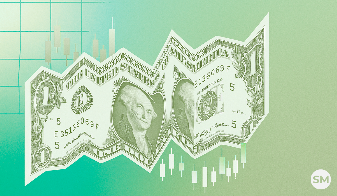 Dólar dobrado sobre gráfico de bolsa, representando volatilidade e ETFs nos EUA.