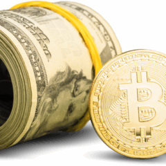 Moedas de bitcoin sobre notas de dólar simbolizando alta do mercado cripto