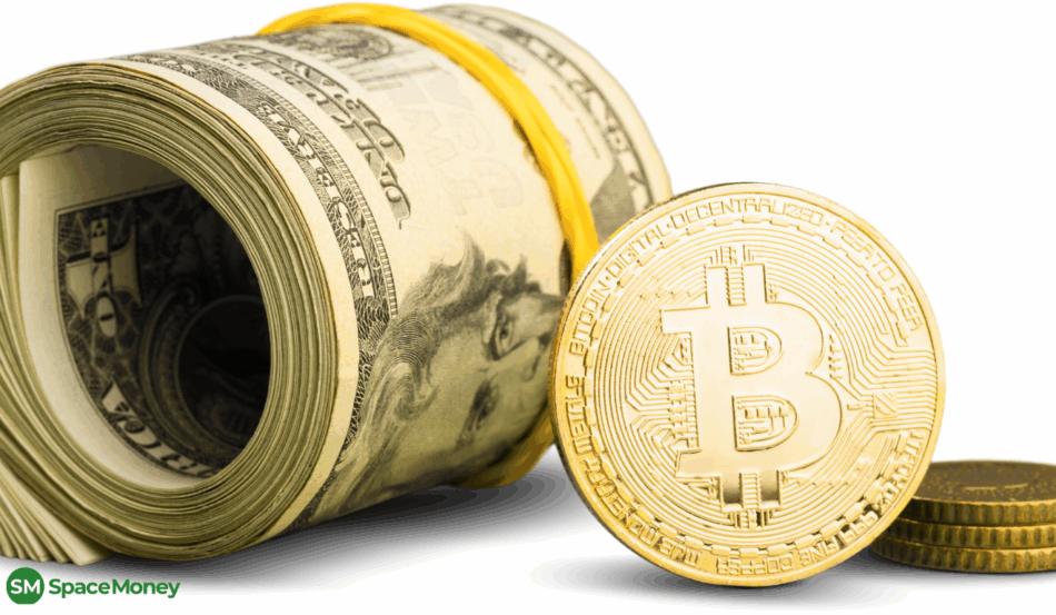 Moedas de bitcoin sobre notas de dólar simbolizando alta do mercado cripto