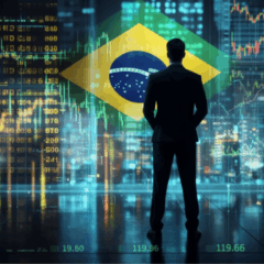 Bandeira do Brasil ao fundo de gráficos de mercado, simbolizando a tese de que o país não é a Turquia.