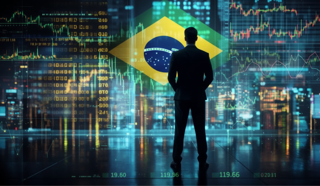 Bandeira do Brasil ao fundo de gráficos de mercado, simbolizando a tese de que o país não é a Turquia.
