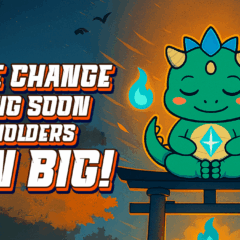 Ilustração do mascote BullZilla meditando com o logo do Ethereum no peito, acompanhado do texto “Price change coming soon, early holders win big!”, destacando a valorização prevista do token $BZIL para investidores iniciais.