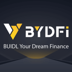 Logotipo da BYDFi em fundo escuro com o slogan “BUIDL Your Dream Finance”, representando a exchange global de criptomoedas