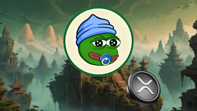 Logotipo do Little Pepe (LILPEPE) com gorro azul ao centro e o símbolo do Ripple (XRP) ao lado, sobre um fundo artístico de templos e montanhas, representando a disputa entre criptomoedas no bull run de 2025.