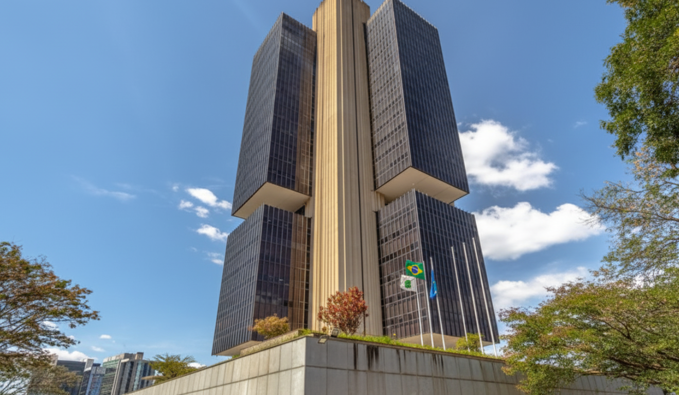 Prédio do Banco Central do Brasil em Brasília em um dia ensolarado, visto de baixo, com céu azul e árvores ao redor.