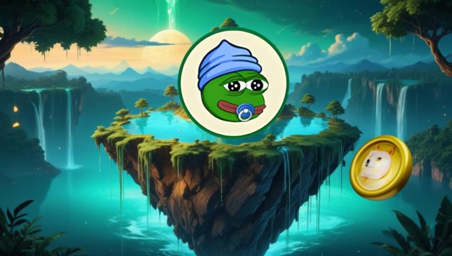 Ilustração com a moeda Dogecoin e o mascote Little Pepe em cenário fantástico com ilhas flutuantes e cachoeiras, representando o confronto entre duas criptomoedas em ascensão.