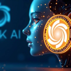 Representação futurista da Ozak AI com token digital laranja em destaque, simbolizando inteligência artificial e blockchain.