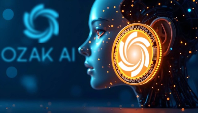 Representação futurista da Ozak AI com token digital laranja em destaque, simbolizando inteligência artificial e blockchain.