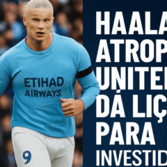 Haaland brilha no clássico contra o Manchester United, metáfora para investir em ETFs globais e gerar renda em dólar.