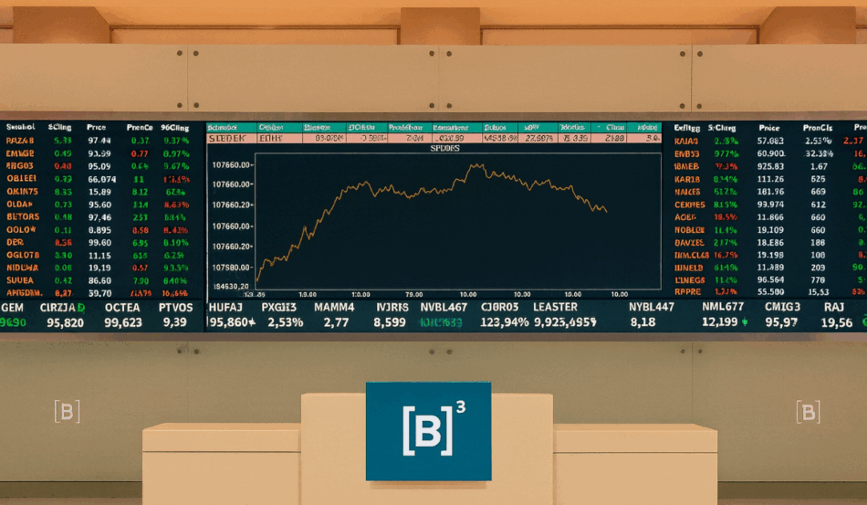 Painel eletrônico da B3 mostrando gráfico do Ibovespa em alta. Painel eletrônico da B3 mostrando gráfico do Ibovespa em alta.