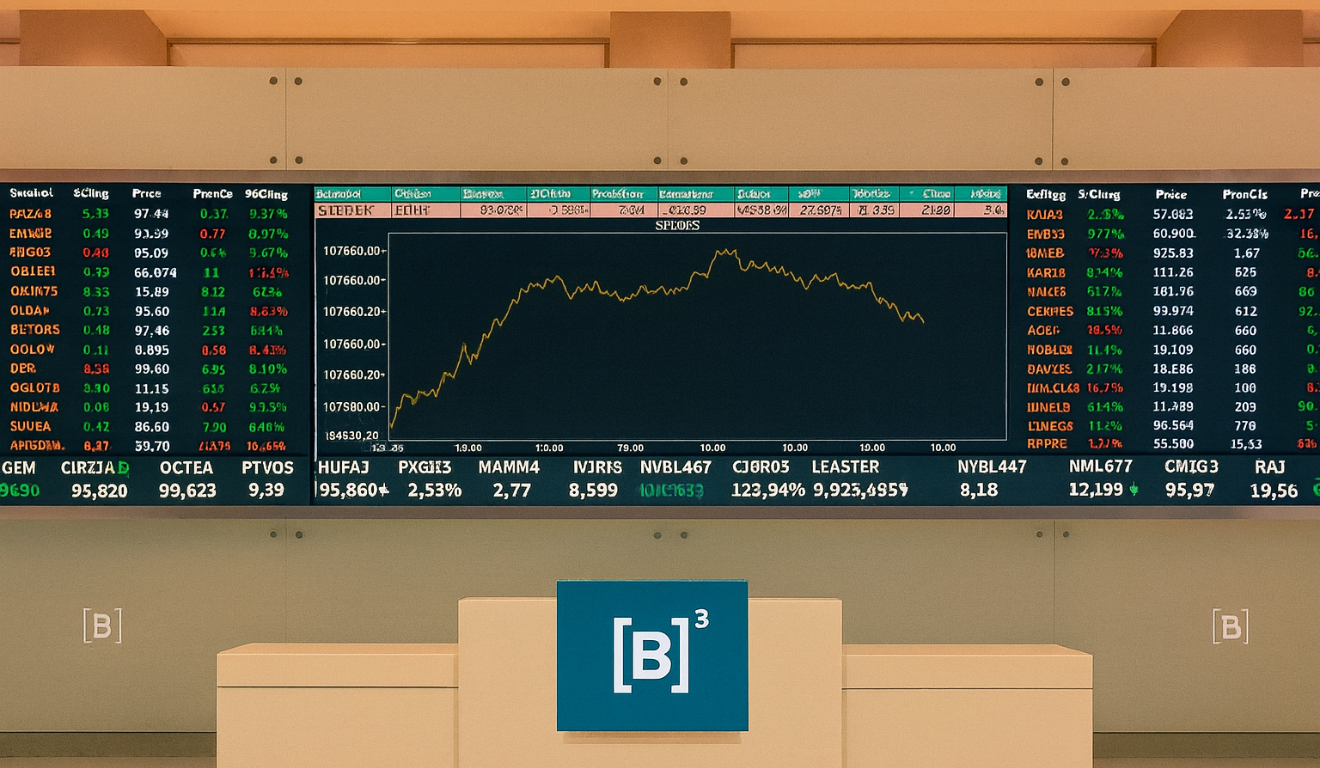 Painel eletrônico da B3 mostrando gráfico do Ibovespa em alta.