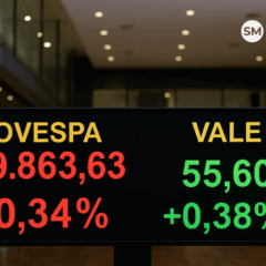 Painel da Bolsa de Valores mostrando queda do Ibovespa e alta das ações da Vale.