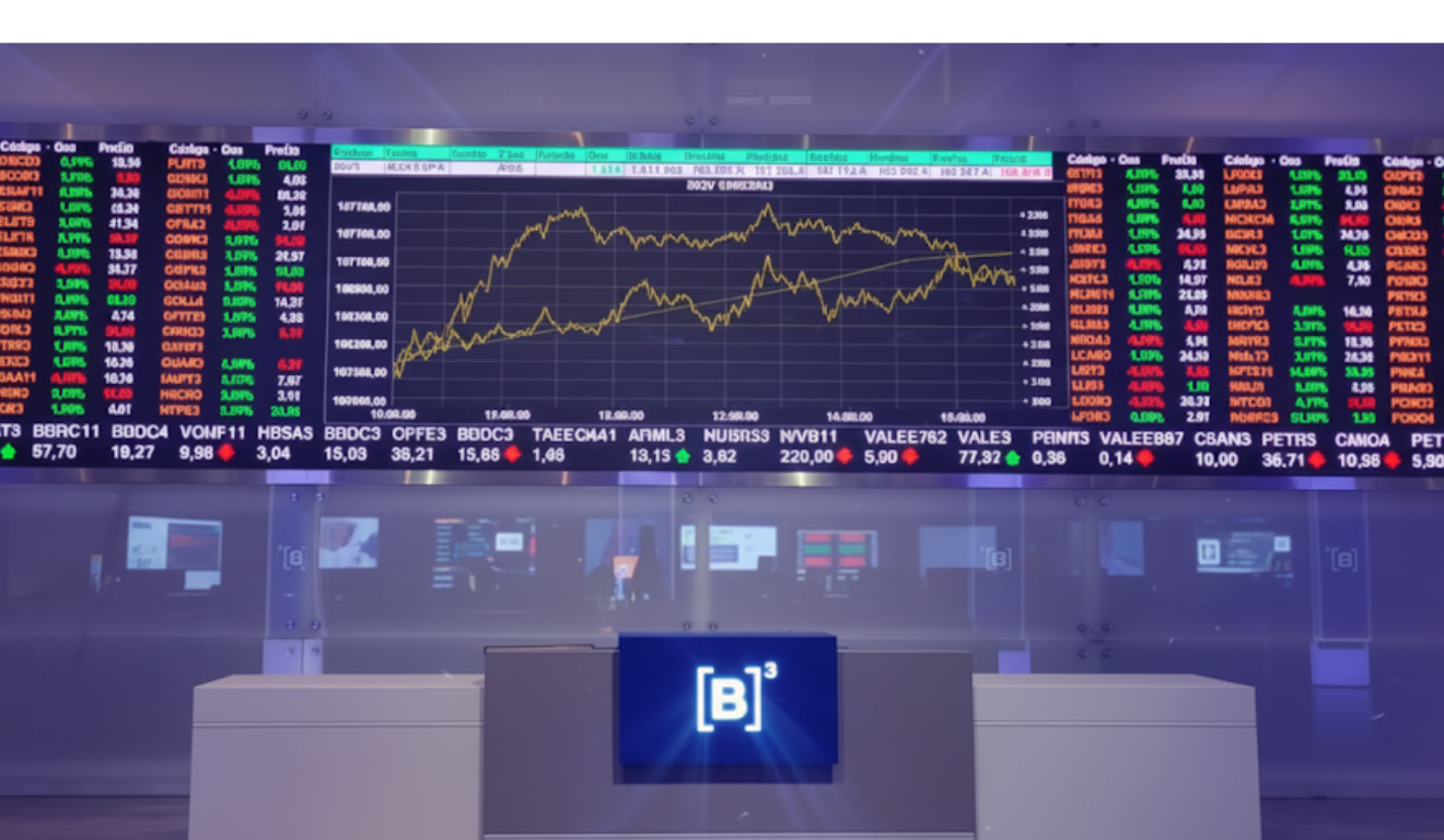 Painel da B3 exibindo gráfico do Ibovespa em alta, com recordes históricos de pontos na bolsa de valores.