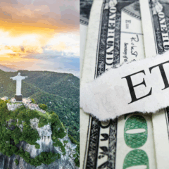 Cristo Redentor no Brasil ao lado de dólares com a palavra ETFs, simbolizando investimentos globais.