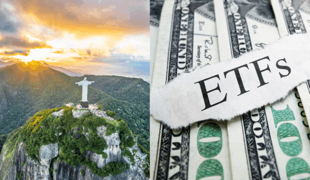 Cristo Redentor no Brasil ao lado de dólares com a palavra ETFs, simbolizando investimentos globais.
