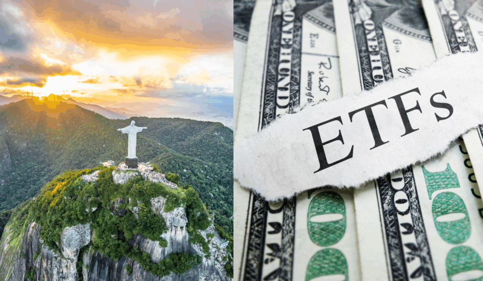 Cristo Redentor no Brasil ao lado de dólares com a palavra ETFs, simbolizando investimentos globais.