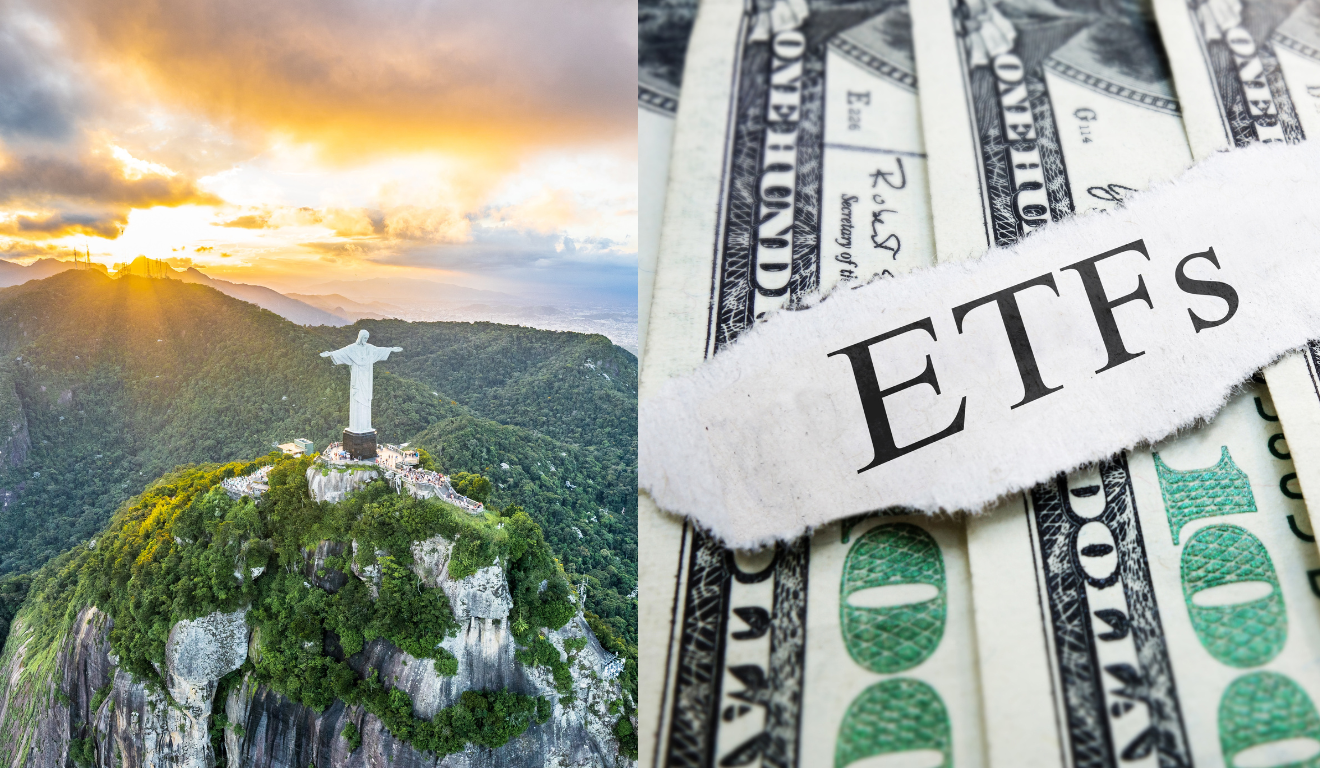Cristo Redentor no Brasil ao lado de dólares com a palavra ETFs, simbolizando investimentos globais.