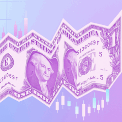 Dólar dobrado sobre gráfico de bolsa, representando volatilidade e ETFs nos EUA.