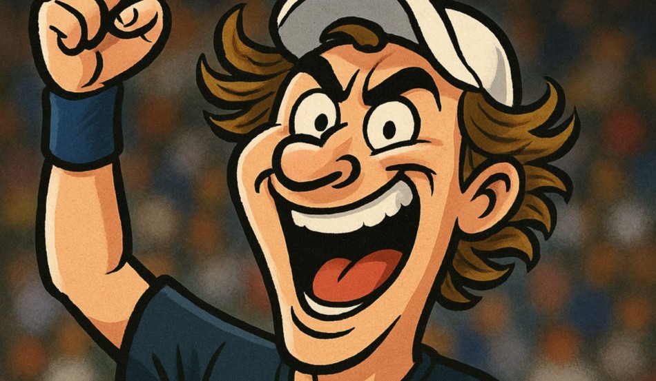 Caricatura divertida de João Fonseca comemorando vitória na Copa Davis, com sorriso largo, punho erguido e raquete em mãos, simbolizando o triunfo do Brasil sobre a Grécia.