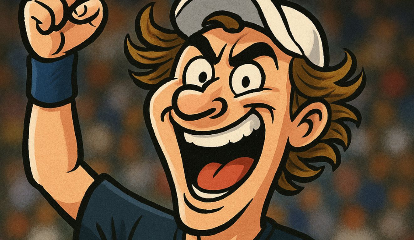 Caricatura divertida de João Fonseca comemorando vitória na Copa Davis, com sorriso largo, punho erguido e raquete em mãos, simbolizando o triunfo do Brasil sobre a Grécia. Caricatura divertida de João Fonseca comemorando vitória na Copa Davis, com sorriso largo, punho erguido e raquete em mãos, simbolizando o triunfo do Brasil sobre a Grécia.