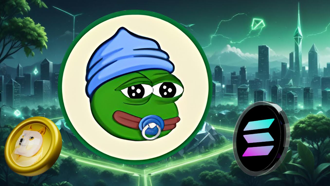 Uma ilustração vibrante e moderna mostrando Little Pepe no centro, com expressão confiante e vitoriosa, segurando uma bandeira que diz "Stage 13". Ao fundo, gráficos ascendentes simbolizando o crescimento do token. À esquerda, o logo da Solana com uma seta apontando para cima (indicando a meta de $300). À direita, o logo da Dogecoin com uma leve animação de foguete, mostrando sua tentativa de chegar a $0,40. O cenário é colorido, remetendo ao universo cripto, com detalhes em verde e azul para dar sensação de alta e otimismo.