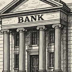 Ilustração em preto e branco de um prédio bancário clássico, simbolizando bancos do Brasil sob questionamento do Tesouro dos EUA pela Lei Magnitsky.