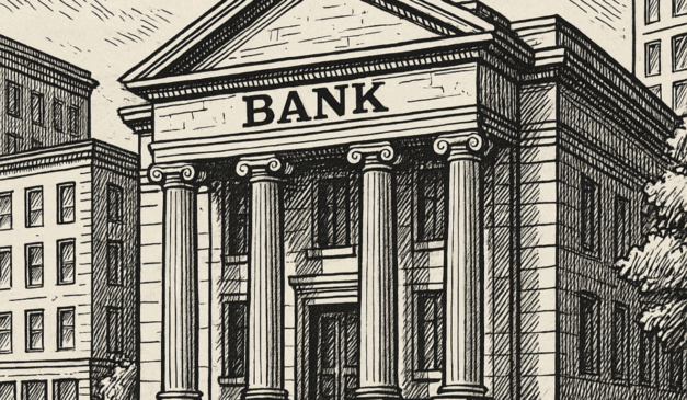 Ilustração em preto e branco de um prédio bancário clássico, simbolizando bancos do Brasil sob questionamento do Tesouro dos EUA pela Lei Magnitsky.