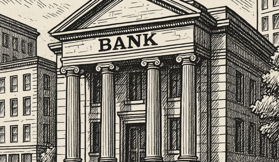 Ilustração em preto e branco de um prédio bancário clássico, simbolizando bancos do Brasil sob questionamento do Tesouro dos EUA pela Lei Magnitsky.