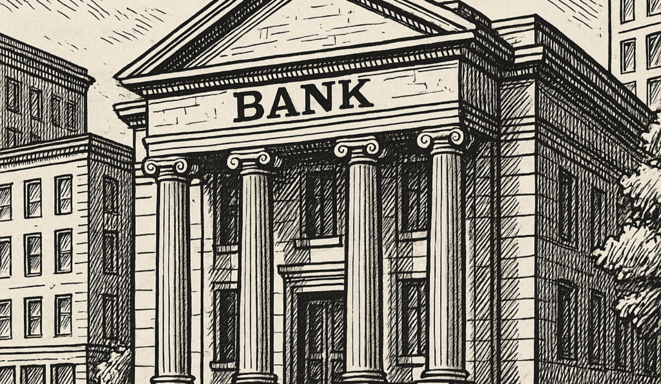 Ilustração em preto e branco de um prédio bancário clássico, simbolizando bancos do Brasil sob questionamento do Tesouro dos EUA pela Lei Magnitsky. Ilustração em preto e branco de um prédio bancário clássico, simbolizando bancos do Brasil sob questionamento do Tesouro dos EUA pela Lei Magnitsky.