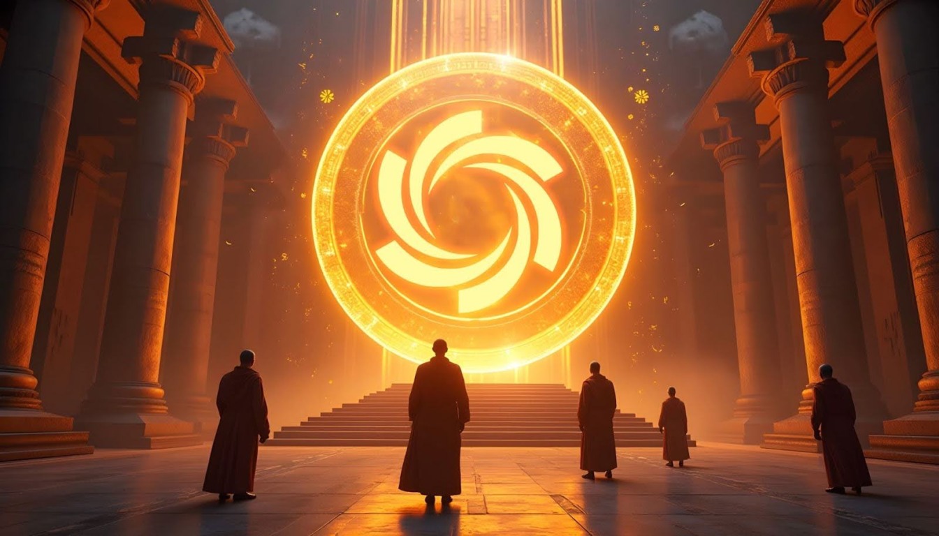 Cinco figuras em mantos escuros observam um imenso símbolo dourado brilhante em formato circular, flutuando em um templo com colunas clássicas, transmitindo a ideia de poder e mistério ligado à tecnologia e criptomoedas. Cinco figuras em mantos escuros observam um imenso símbolo dourado brilhante em formato circular, flutuando em um templo com colunas clássicas, transmitindo a ideia de poder e mistério ligado à tecnologia e criptomoedas.