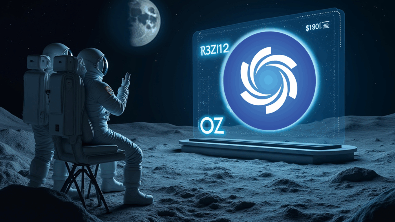 Astronautas observam em uma tela futurista o logotipo da Ozak AI em uma paisagem lunar, simbolizando o potencial de crescimento da criptomoeda Ozak AI ($OZ) impulsionada por inteligência artificial e blockchain.