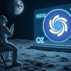 Astronautas observam em uma tela futurista o logotipo da Ozak AI em uma paisagem lunar, simbolizando o potencial de crescimento da criptomoeda Ozak AI ($OZ) impulsionada por inteligência artificial e blockchain.