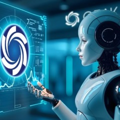 A imagem mostra um robô futurista, de cor cinza e branco, com um design limpo e moderno. Ele está olhando para uma tela holográfica azul neon que projeta um gráfico de barras e ondas, além do logo da Ozak AI. A cena se passa em um ambiente tecnológico e elegante, com o logo da Ozak AI ao fundo
