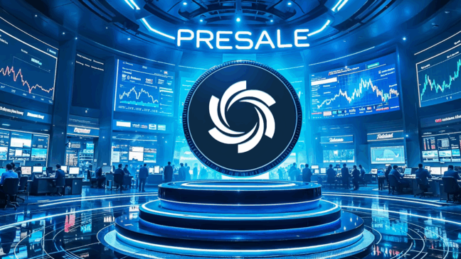 Imagem futurista de um salão de negociação digital com a palavra “Presale” em destaque, gráficos financeiros em telas ao fundo e o logotipo da Ozak AI no centro, representando a pré-venda de tokens da empresa.