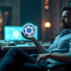 Homem sentado em frente a um robô humanoide em um escritório moderno, segurando na mão um holograma circular que representa o token Ozak AI, com gráficos financeiros ao fundo