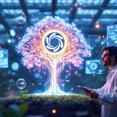Ilustração futurista da Ozak AI mostrando árvore digital com símbolo cripto, unindo blockchain e inteligência artificial.
