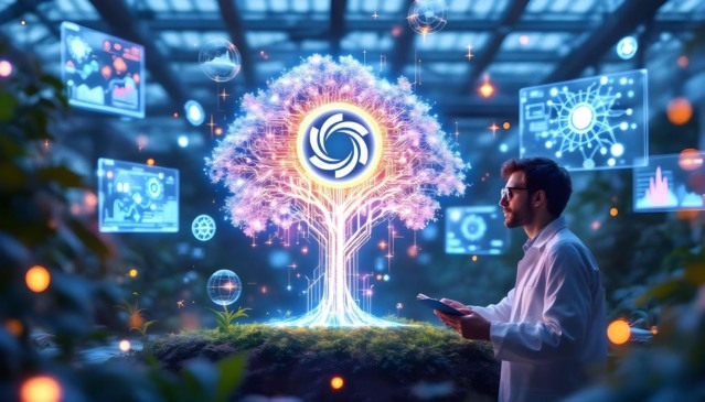 Ilustração futurista da Ozak AI mostrando árvore digital com símbolo cripto, unindo blockchain e inteligência artificial.