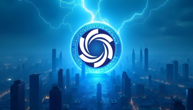 Logo futurista de Ozak AI iluminado por relâmpagos sobre uma cidade tecnológica, simbolizando inovação em cripto e inteligência artificial.