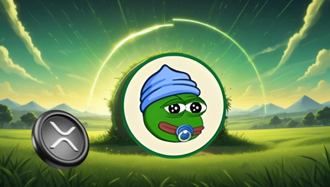 Ilustração de Ripple (XRP) ao lado do token Little Pepe (LILPEPE) em cenário verde, simbolizando crescimento no mercado de criptomoedas em 2025.