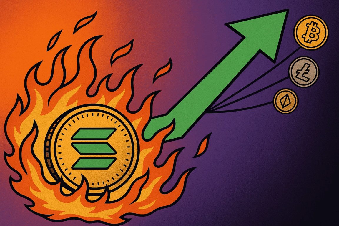 Ilustração mostra a Solana em chamas disparando, puxando altcoins como Bitcoin, Litecoin e outras no mercado cripto.